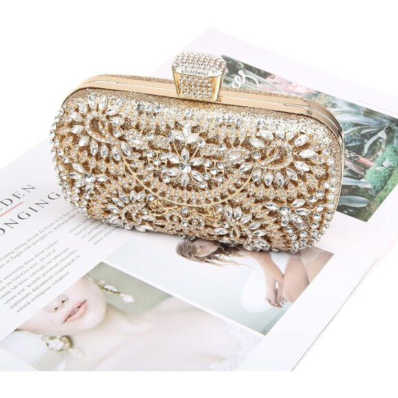 🆕Women Gold Sequin Rhinestone Glitter Evening Handbag Clutch Wedding Party - Picture 8 of 8